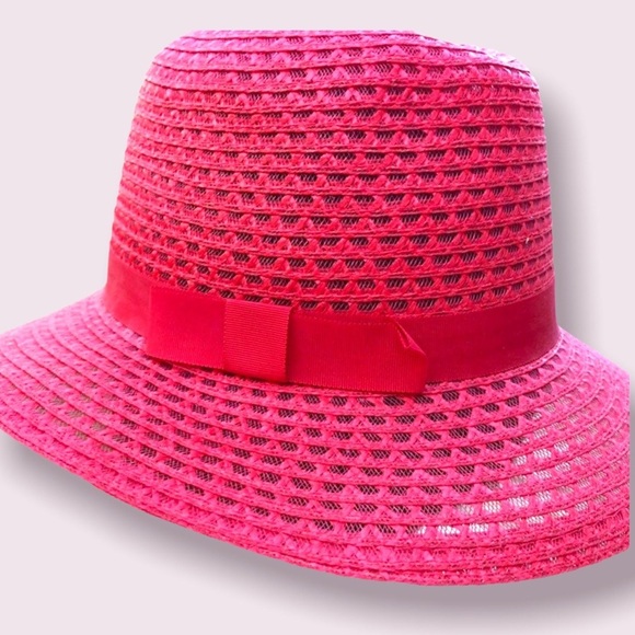 Fedora Raffia Hat Straw Beach Women’s Red Grosgrain Ribbon Vintage Accessory - Picture 2 of 9